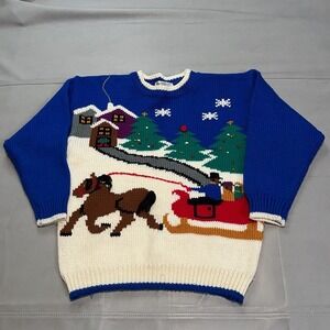 VTG 90s Y2K Women Blue Ugly Xmas Christmas Knit Sweater M Office party Snow-4348